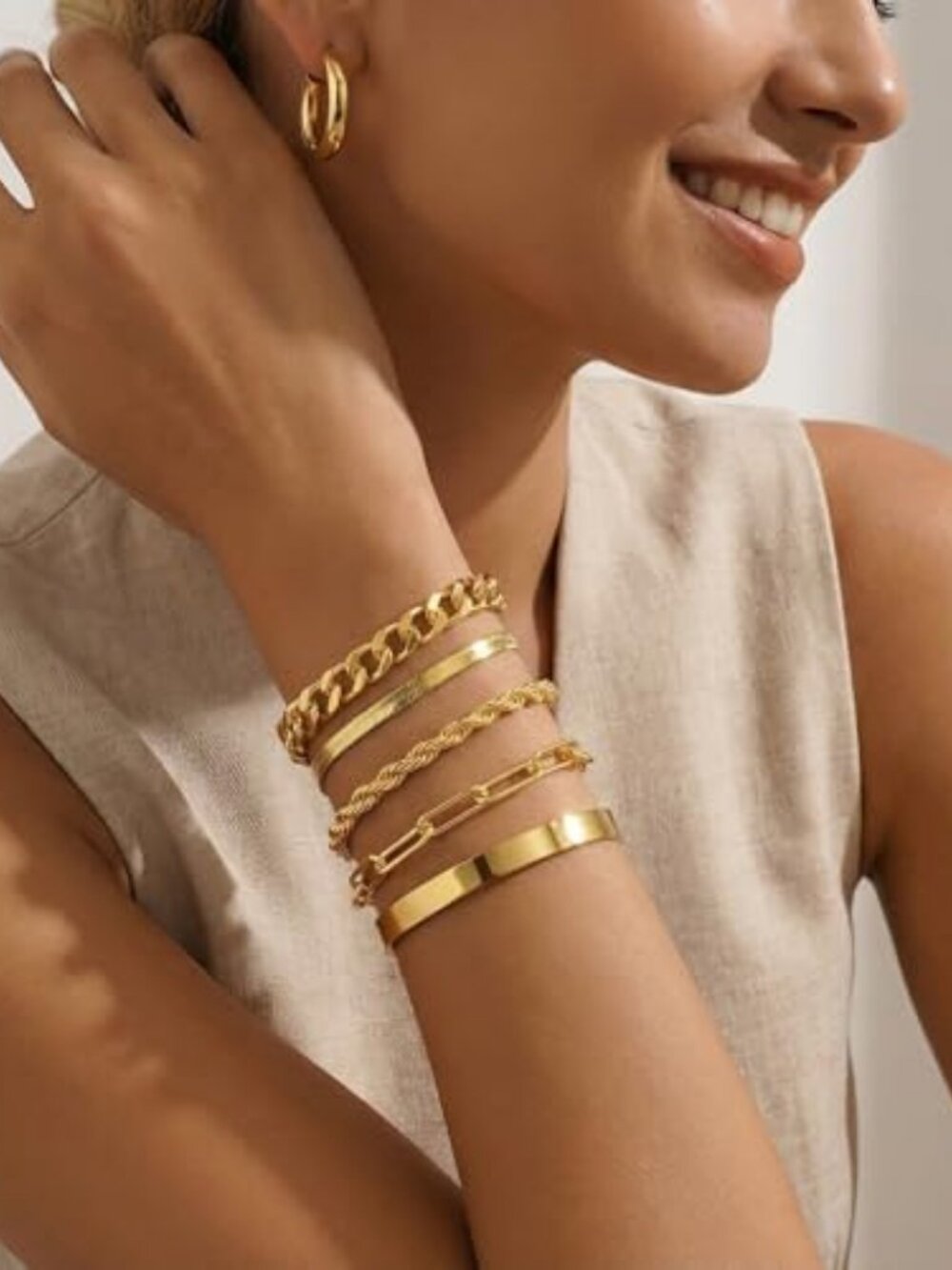 Gold Bracelets for Women Stack Non Tarnish 14K Gold Plated Chunky Gold Bangles